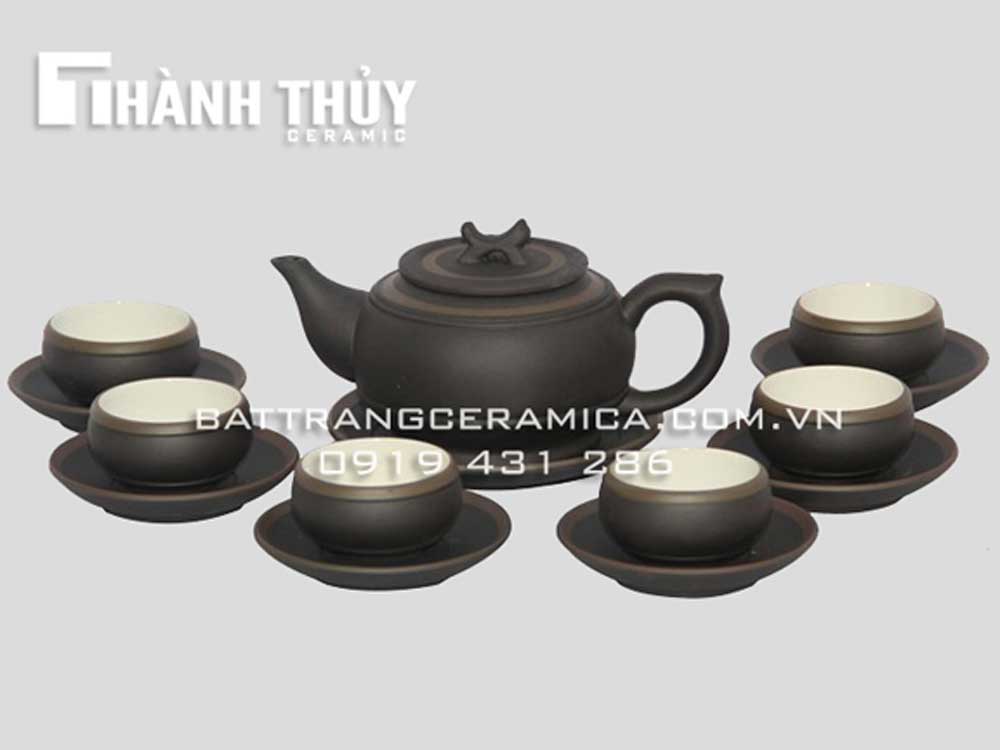 Ấm chén tử sa Trống đai đen chỉ bạc Bát Tràng cao cấp sang trọng 