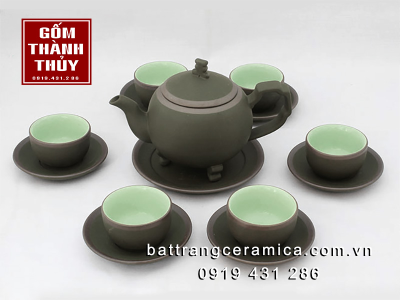 Ấm trà tử sa Bát Tràng Cây Thông xanh bộ ấm chén cao cấp quà tặng