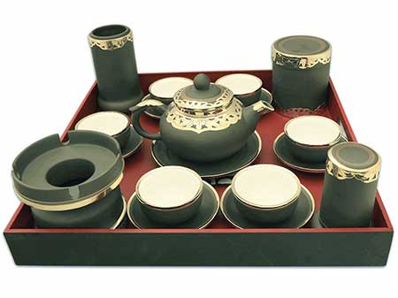 Bộ trà tử sa gốm xanh bọc đồng bạch sang trọng tặng quà 