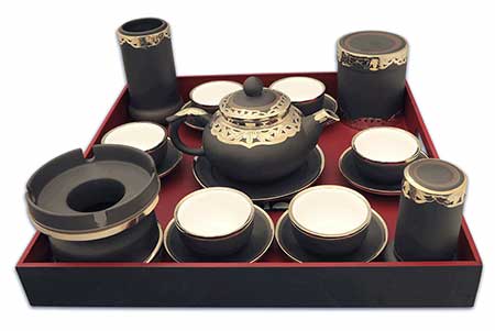 Bộ ấm chén gốm đen bọc đồng bạch sang trọng quà tặng trà ngon 