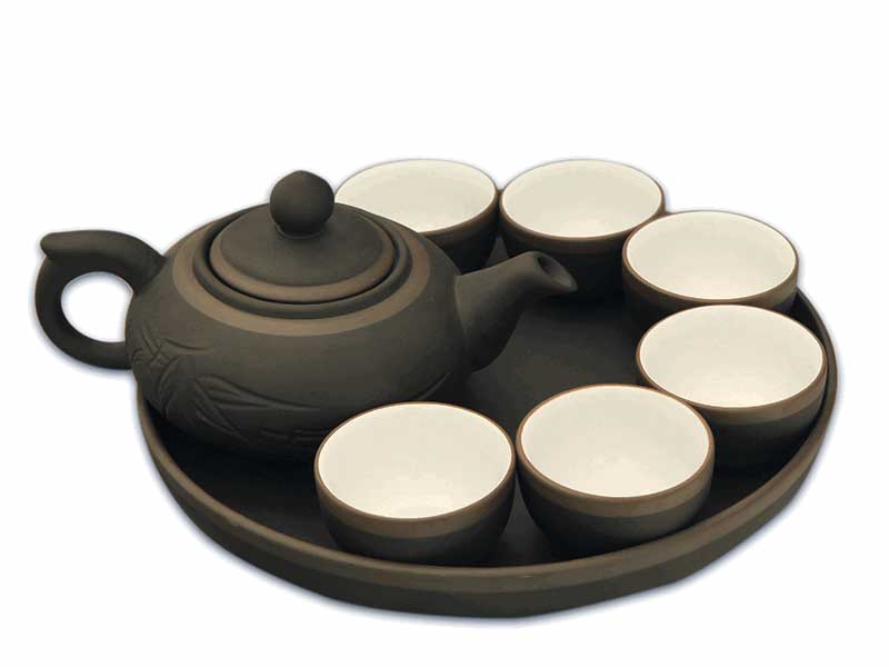 Bộ trà gốm đen chỉ bạc khắc trúc sang trọng tặng kèm khay 