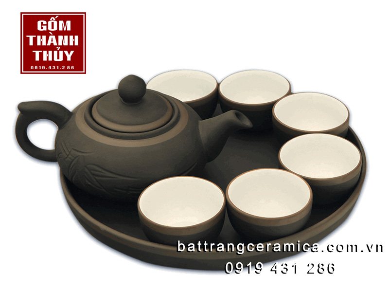 Bộ trà gốm đen chỉ bạc khắc trúc sang trọng tặng kèm khay Bộ trà gốm đen chỉ bạc khắc trúc sang trọng tặng kèm khay