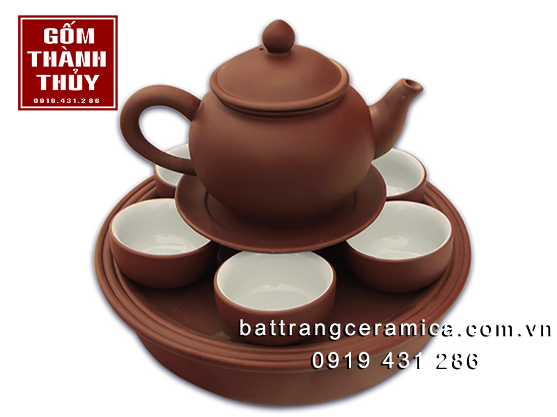 Bộ ấm trà dáng Chuông gốm nâu kèm khay sang trọng lưu hương lâu