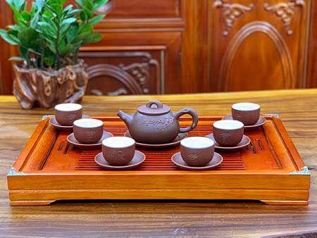 Bộ trà tử sa Báo Xuân gốm nâu lòng trắng sang trọng quà tặng đẳng cấp 