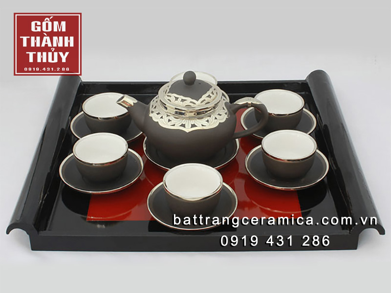 Bộ ấm trà Chuông gốm đen bọc đồng bạch sang trọng uy tín giá tốt