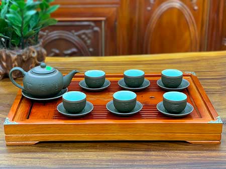 Bộ trà Tống Phúc Lộc Thọ gốm xanh chỉ bạc cao cấp ấm chén sứ 