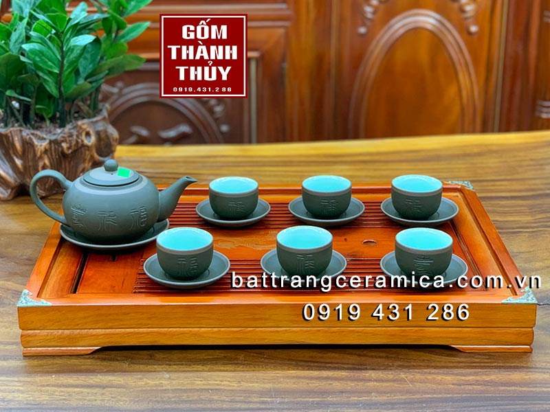 Bộ trà Tống Phúc Lộc Thọ gốm xanh chỉ bạc cao cấp ấm chén sứ