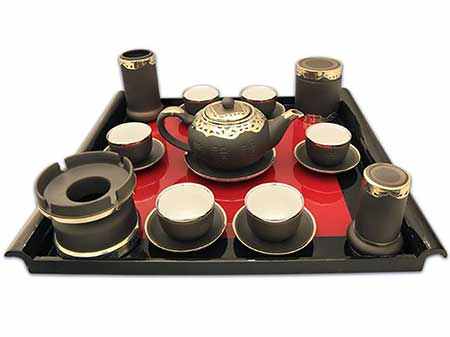 Bộ ấm chén Tống gốm đen bọc đồng sang trọng quà tặng độc đáo 