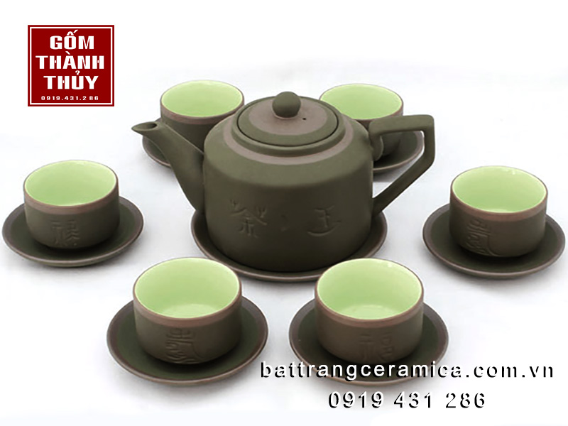 Bộ trà tử sa Tích Phúc Lộc Thọ gốm xanh chỉ bạc sang trọng quà tặng