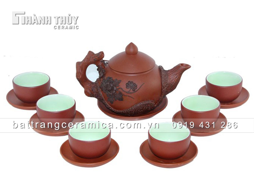Bộ ấm tử sa đắp nổi hoa Phù Dung cao cấp tinh tế, quà tặng sang trọng 