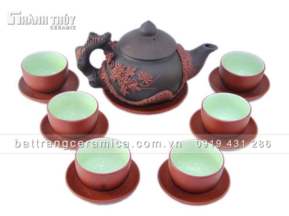 Bộ ấm tử sa đen hoa Phù Dung gốm Bát Tràng sang trọng 