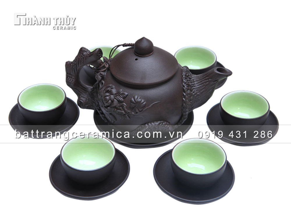 Bộ ấm tử sa đen hoa Phù Dung cao cấp quà tặng sang trọng 