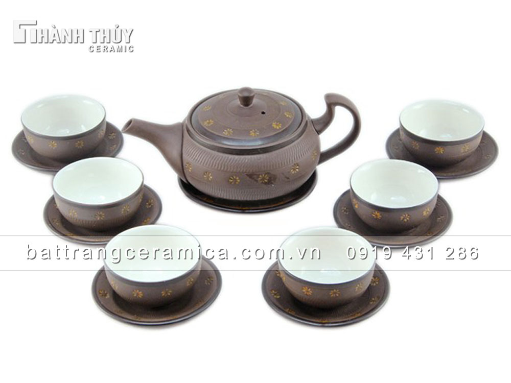 Bộ ấm chén tử sa sao vàng Bát Tràng cao cấp quà tặng tinh tế