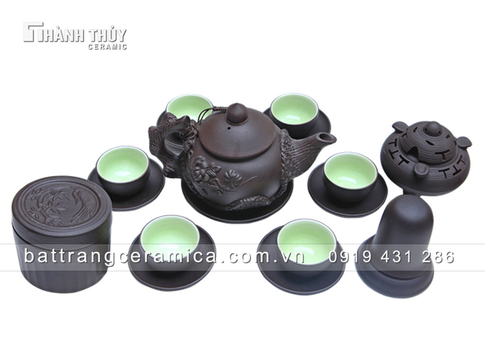 Bộ ấm chén gốm đen Phù Dung cao cấp đủ phụ kiện sang trọng