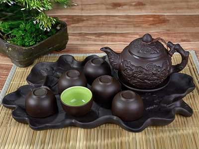 Bộ ấm chén hoa Chàm Bát Tràng cao cấp kèm khay gốm đẹp 