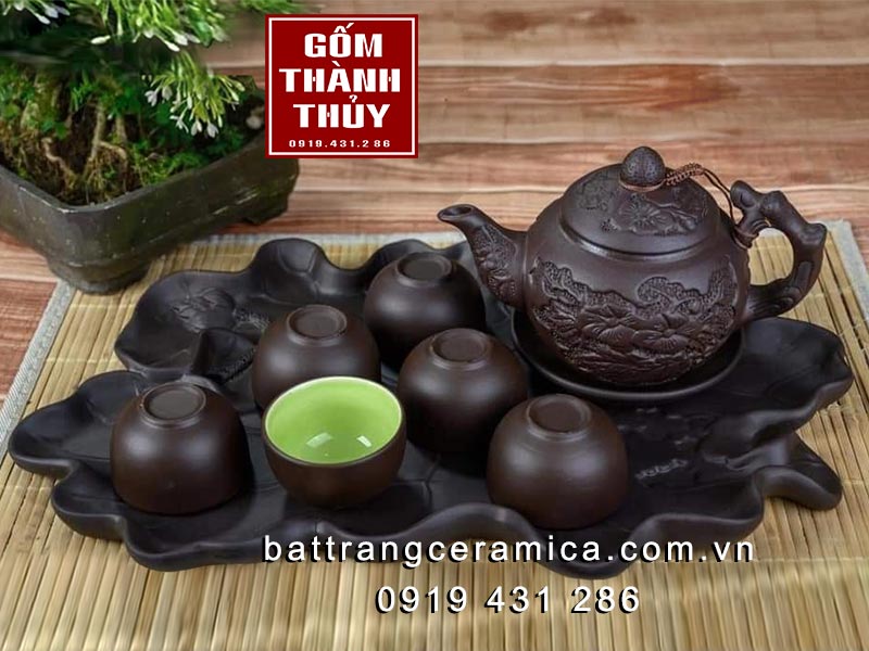 Bộ ấm chén hoa Chàm Bát Tràng cao cấp kèm khay gốm đẹp