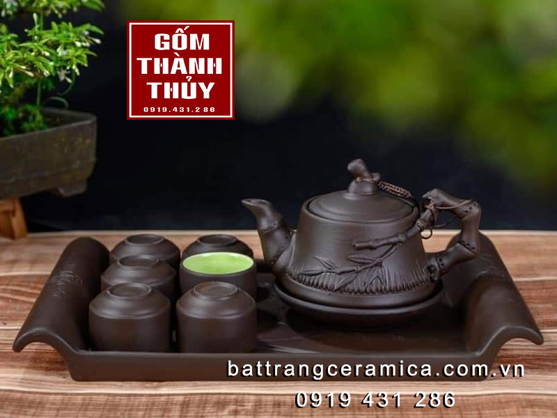 Bộ ấm trà gốm sứ cao cấp khay chữ nhật trang trí Trúc đẹp
