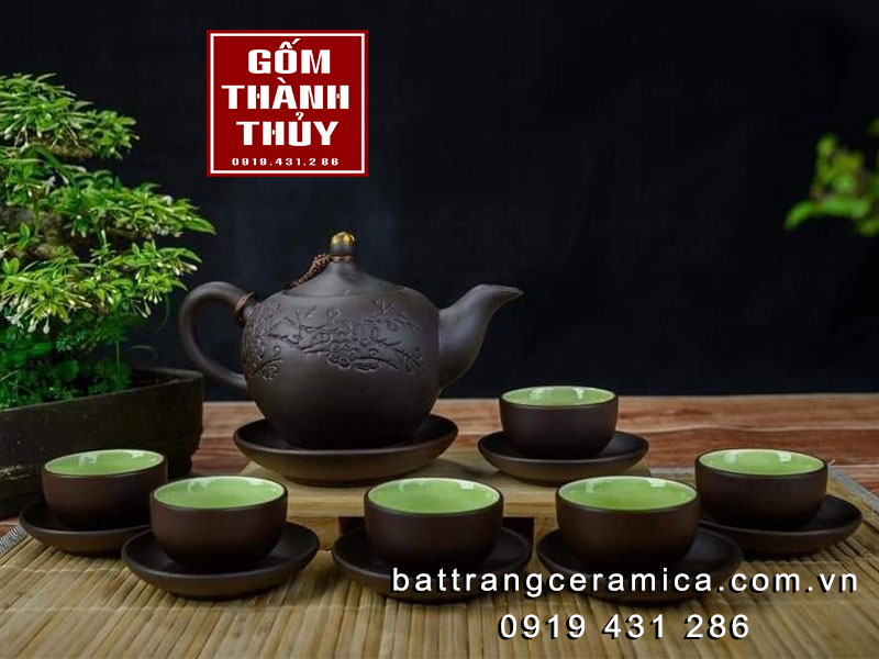 Bộ ấm trà hoa Mai Bát Tràng gốm đen sang trọng quà tặng ý nghĩa
