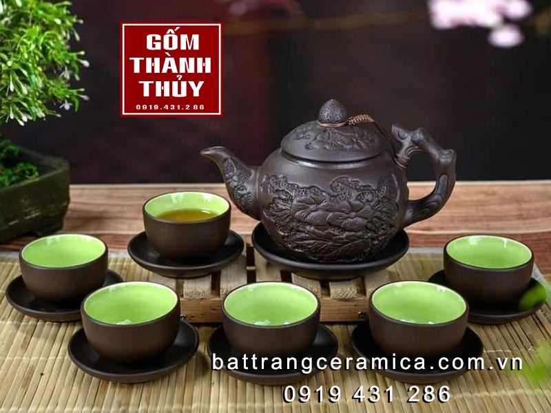 Bộ ấm chàm đắp hoa gốm đen sang trọng - Quà tặng độc đáo