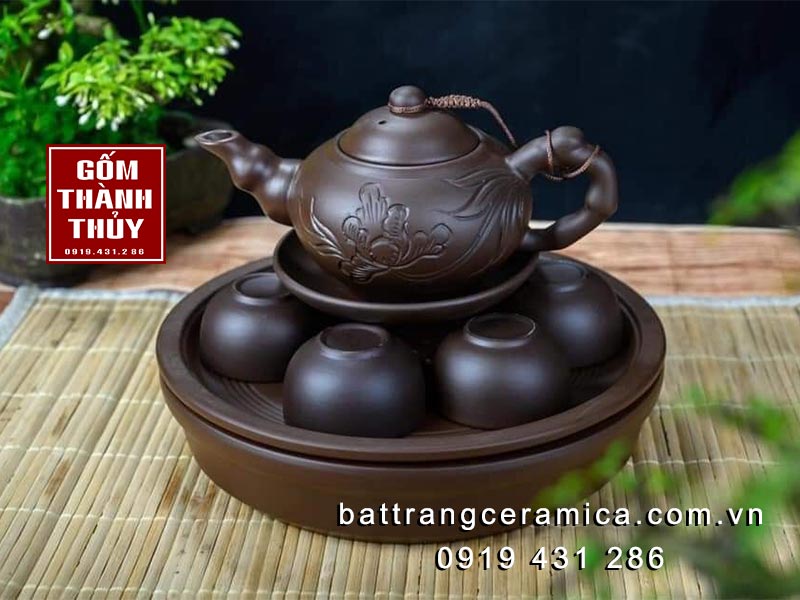 Ấm pha trà gốm hoa Phù Dung độc đáo kèm khay sang trọng