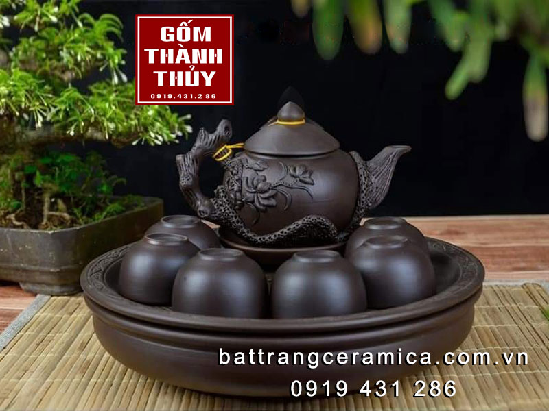Bộ ấm trà Phù Dung gốm đen sang trọng tặng quà độc đáo