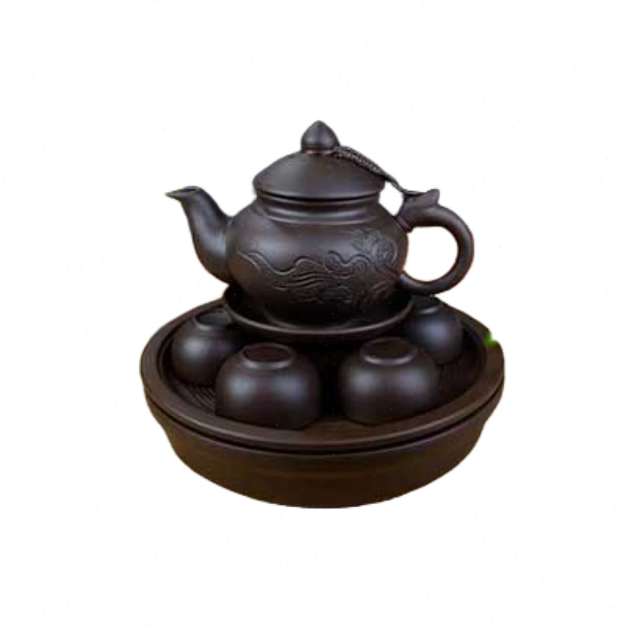 Bộ ấm chén gốm khắc hoa Bát Tràng sang trọng tặng khay tròn 
