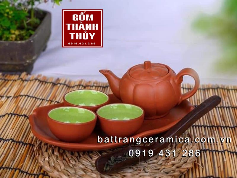 Bộ trà tam bảo dáng bí gốm đỏ cao cấp ấm chén Bát Tràng đẹp