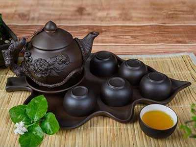 Bộ ấm chén hoa Phù Dung gốm đen cao cấp tặng khay đẹp 