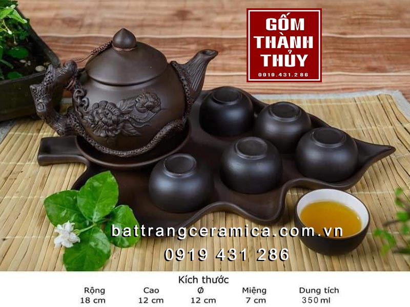 Bộ ấm chén hoa Phù Dung gốm đen cao cấp tặng khay đẹp