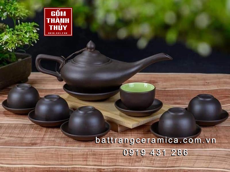 Bộ ấm chén gốm Aladin lòng xanh cao cấp, sang trọng, quà tặng