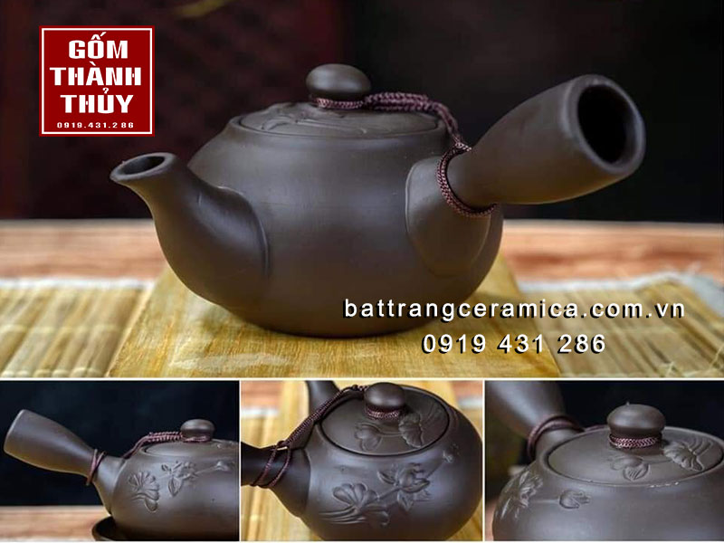 Bộ ấm chén quai ngang đắp hoa sen gốm Bát Tràng cao cấp
