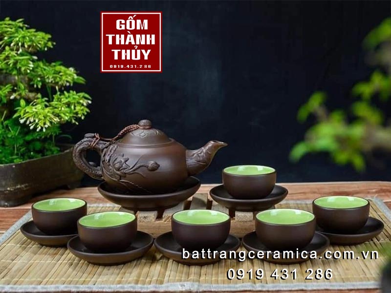 Bộ ấm trà gốm đen hoa Sen cao cấp, quà biếu sang trọng