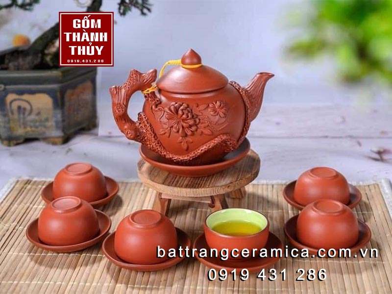 Bộ ấm chén gốm đỏ Phù Dung đắp hoa tinh xảo quà tặng cao cấp