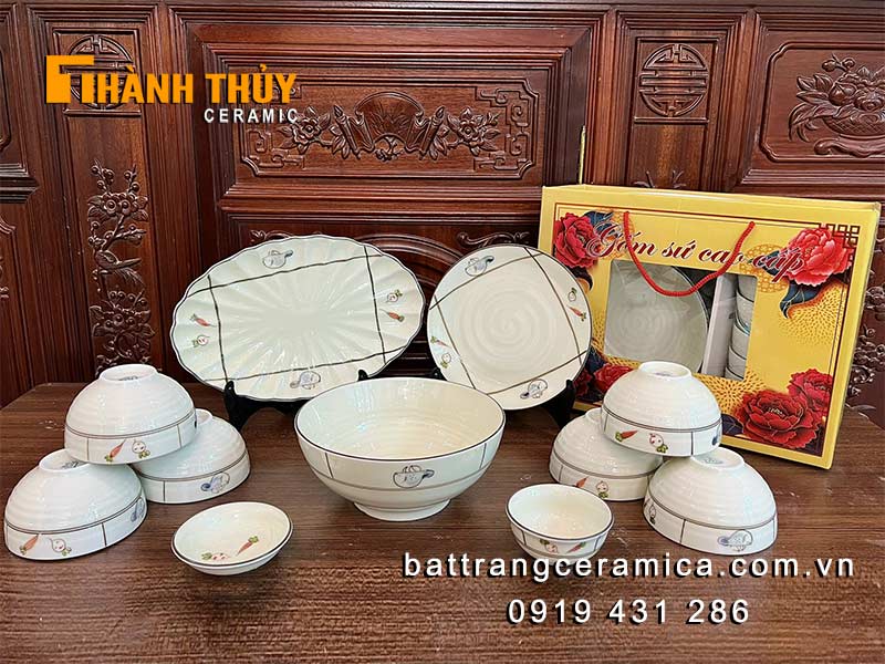 Bộ bát đĩa men kem Bát Tràng 11 cái vẽ tay an toàn, đẹp 