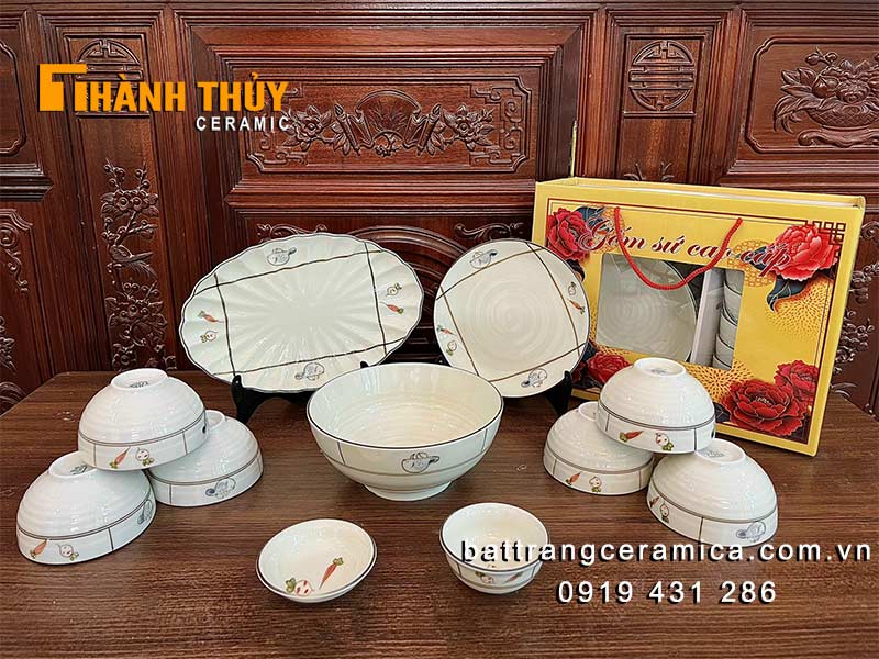 Bộ bát đĩa men kem Bát Tràng 11 cái vẽ tay an toàn, đẹp Bộ bát đĩa men kem Bát Tràng 11 cái vẽ tay an toàn, đẹp
