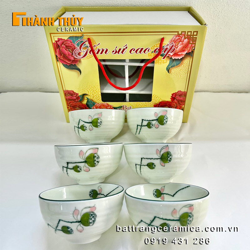 Bộ 6 bát cơm sứ cao cấp vẽ đài sen an toàn đẹp sang Bộ 6 bát cơm sứ cao cấp vẽ đài sen an toàn đẹp sang