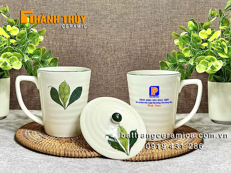 Quà tặng cốc lá ngò gai Bát Tràng in logo – Đẹp bền an toàn