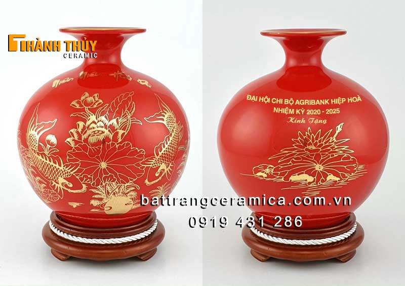 Quà tết sang trọng bình hút lộc đỏ Bát Tràng chính hãng