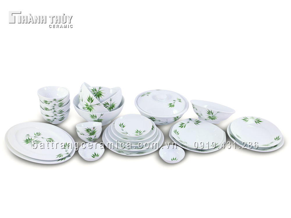 Bộ đồ ăn trắng vẽ Trúc sang trọng tinh tế bát đĩa sứ đẹp chất lượng