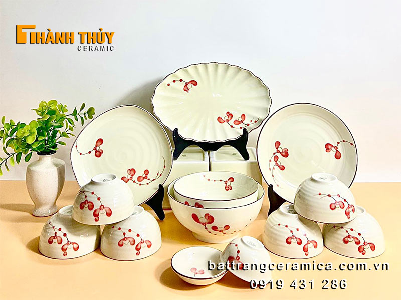 Bát đĩa Bát Tràng cao cấp men kem vẽ đào 14 món bền đẹp 