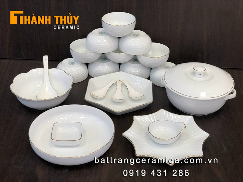 Bộ bát đĩa sứ trắng viền vàng 21 chi tiết sang trọng cao cấp 