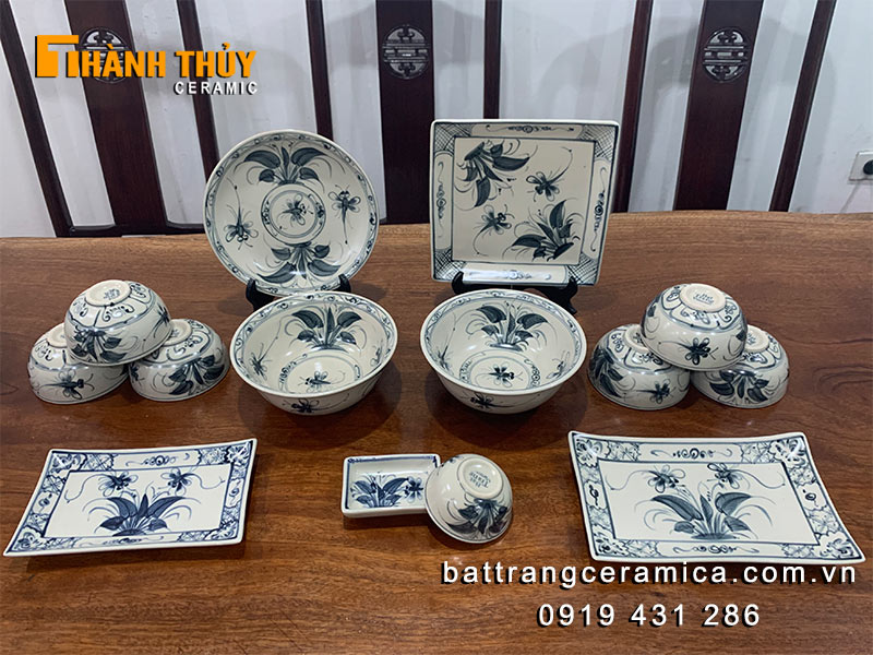 Bộ bát đĩa Bát Tràng bèo chuồn 14 món sứ cao cấp an toàn 