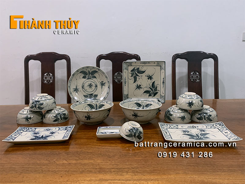 Bộ bát đĩa Bát Tràng bèo chuồn 14 món sứ cao cấp an toàn