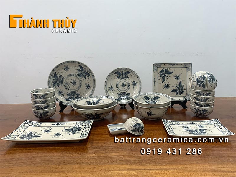 Bộ bát đĩa giả cổ vẽ bèo chuồn Chuẩn men an toàn Giá rẻ 