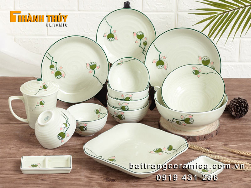 Bộ chén dĩa Bát Tràng cao cấp vẽ đài sen 15 món ưu đãi