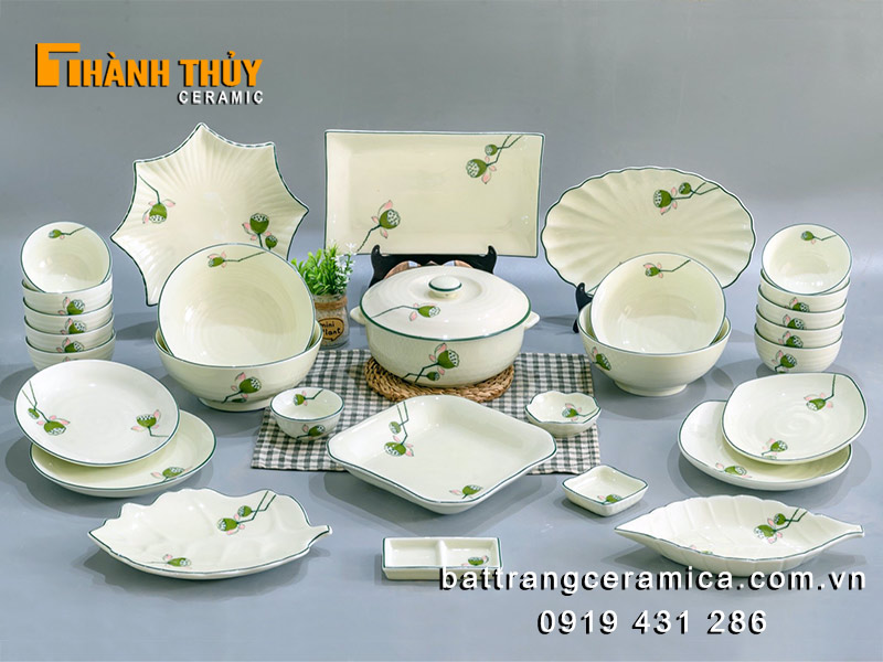 Bộ bát đĩa men kem đài sen 29 món đẹp bền an toàn giá tốt