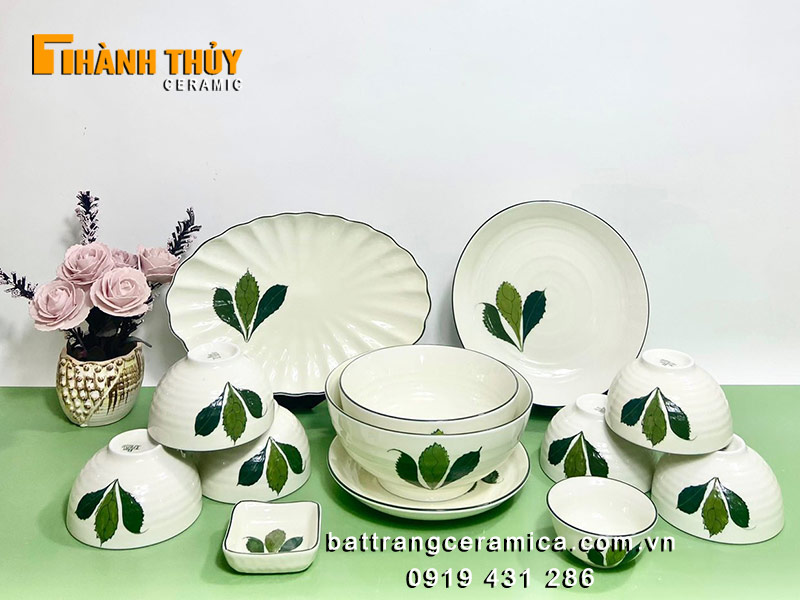 Bộ bát đĩa Bát Tràng men kem lá cây 13 món sang trọng an toàn