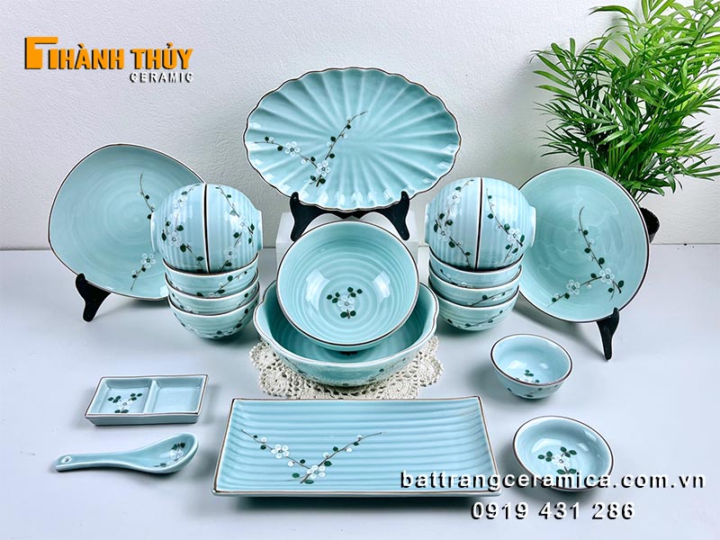 Bộ bát đĩa men xanh Bát Tràng 20 món sang trọng bền đẹp 