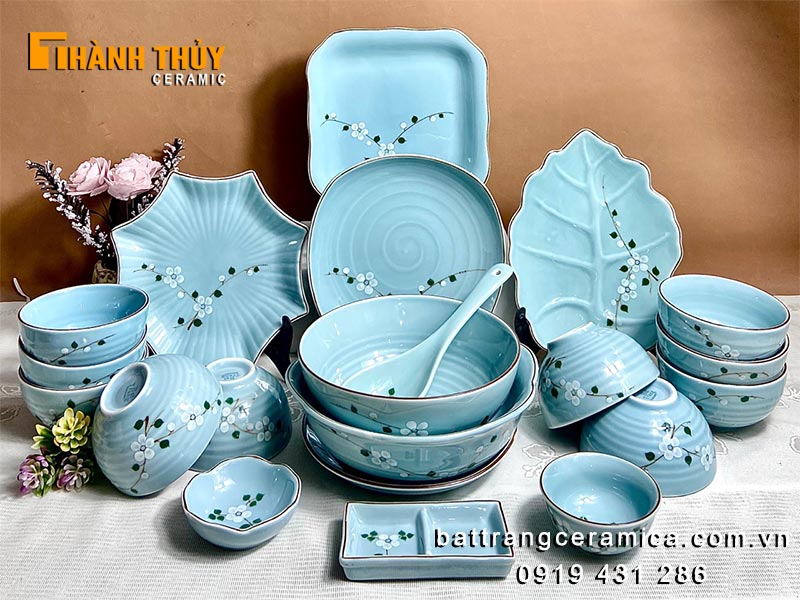 Bộ bát đĩa men xanh hoa mai 21 món sứ Bát Tràng cao cấp sang trọng tiện dụng 