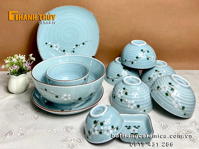 Bộ bát đĩa hoa Mai xanh 11 món cao cấp Bát Tràng chống trầy xước 